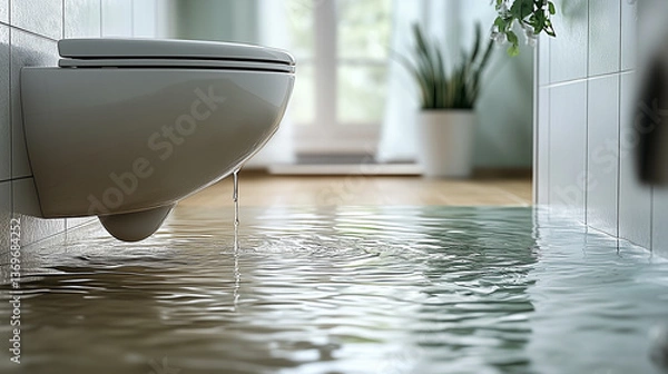 Obraz flooded bathroom  Close-up of a toilet with water dripping, emphasizing plumbing concerns and the impact of leaks in residential spaces