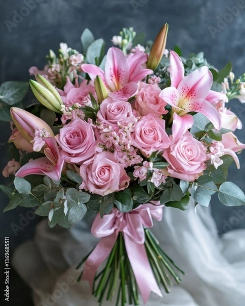 Obraz Mother's Day. Pink Rose and Lily Bouquet on Grey Background