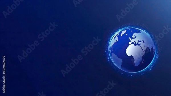 Obraz World class glamorous wallpaper design on blue background, vector illustration of computer icons such as mobile phone, laptop and globe inside a white circle on the left side, with a solid color backg
