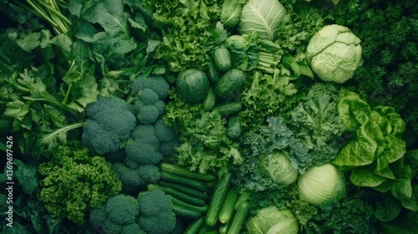 Fototapeta Fresh assortment of leafy greens and vegetables arranged artistically on a wooden surface