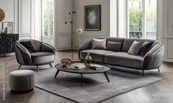 Fototapeta Beautiful and Stylish Living Room with Nordic-Inspired Decor and Sunlit Ambience 3D Render