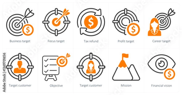 Fototapeta A set of 10 business icons as business target, focus target, tax refund