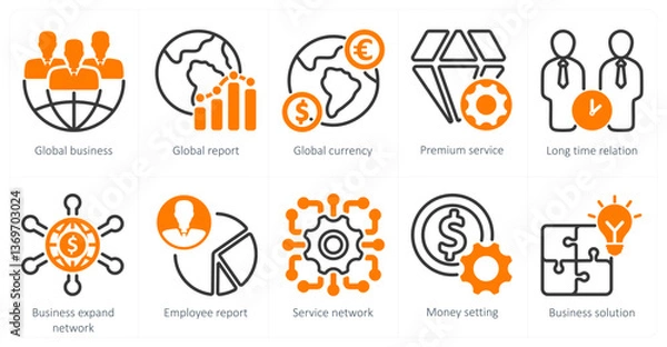 Fototapeta A set of 10 business icons as global business, global report, global currency