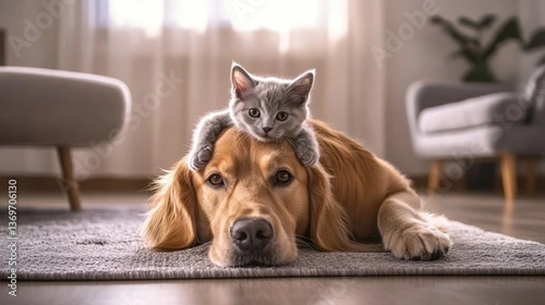 Obraz A Golden Retriever rests peacefully as a gray kitten perches on its head, inside of house with a bright lighting.
