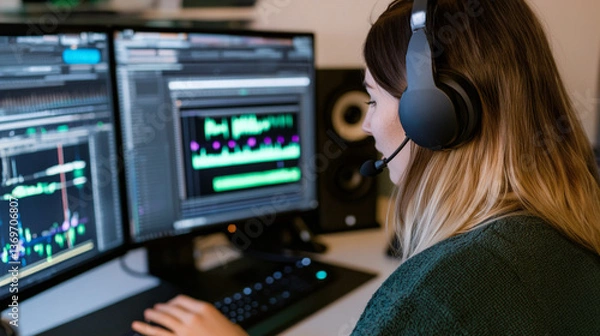 Fototapeta A woman sits with headphones on, editing audio files on dual monitors in a contemporary office setting, surrounded by technology and equipment, showcasing her concentration and skill.