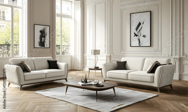 Obraz Contemporary Interior Design with Elegant Scandinavian Furniture and Large Windows 3D Illustration
