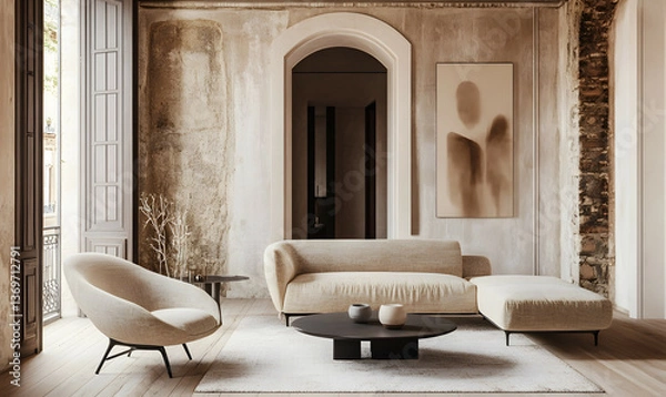 Obraz Modern Interior Stylish Living Space with Beige Tones Wooden Furniture and Plaster Walls 3D Rendering