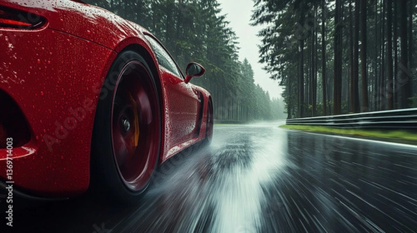 Fototapeta Dynamic side view of racing car speeding through Nürburgring Nordschleife with wheel motion blur and water spray on wet tarmac, atmospheric foggy forest backdrop.