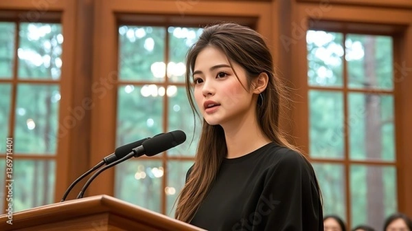 Obraz Young woman giving speech with lecture hall.