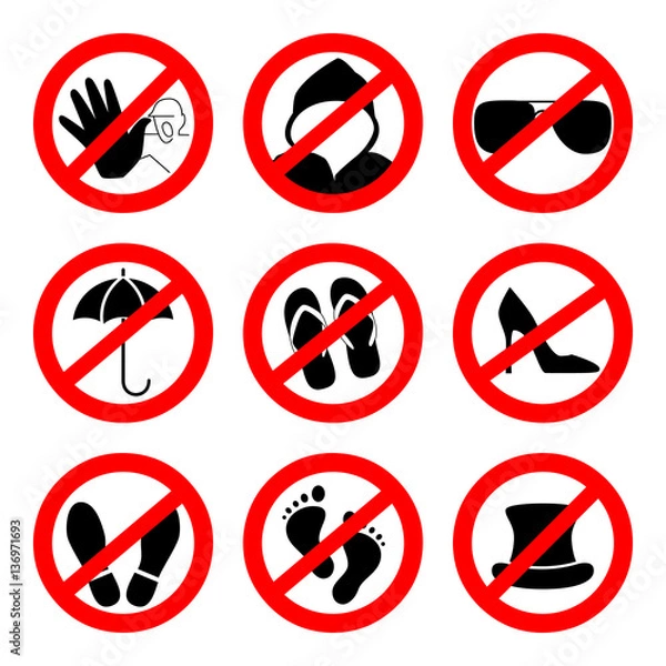 Fototapeta Prohibition sign icons collection, set of vector illustration isolated on white. Red forbidden circle