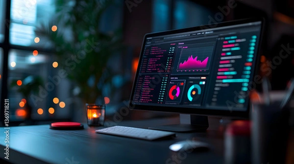 Fototapeta Financial Data Analysis on Computer Screen at Night