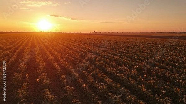 Fototapeta Sunlit rows of flowers in a field at sunset.
