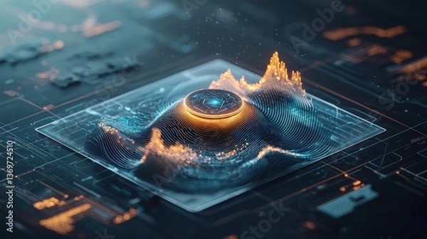 Fototapeta Futuristic data visualization; glowing, dynamic 3D topographical map on a circuit board