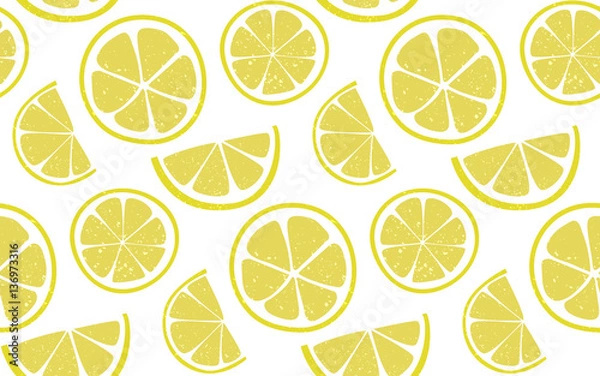 Fototapeta Lemon pattern with round and half slices at white background. Fresh summer seamless background.
