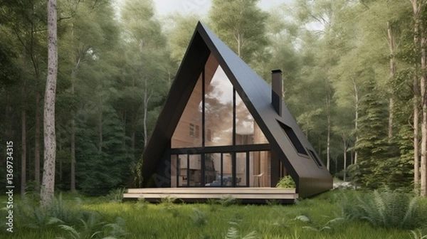 Fototapeta Modern A-Frame Cabin in Lush Forest Setting