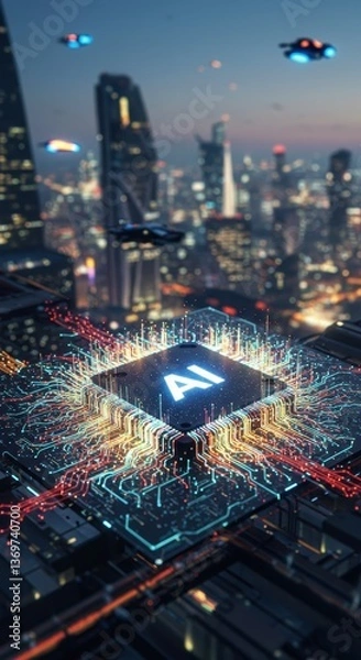 Obraz AI-Powered Futuristic Cityscape: A Glimpse into Tomorrow's Technological Landscape