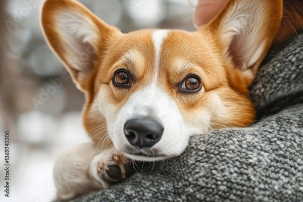 Fototapeta Cute corgi dog looking to the camera while being held by his owner at the vet clinic, selective focus, copy space. Pet health care concept