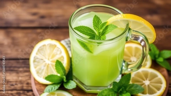 Fototapeta Aloe vera juice and lemon juice, lemonade with lemon and mint