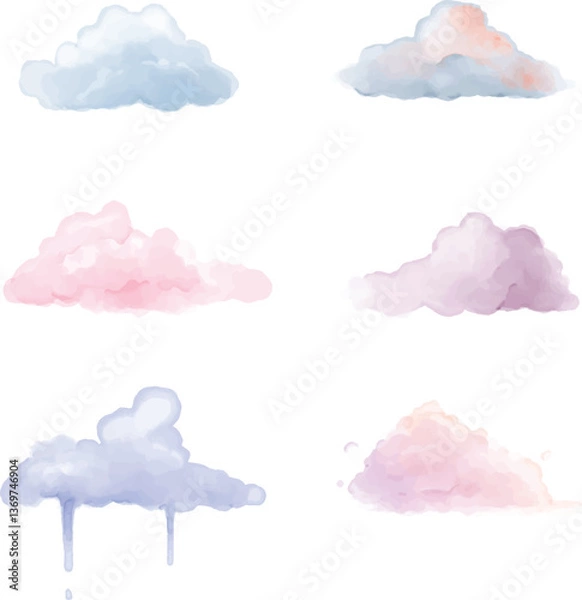 Fototapeta Set collection of clouds in various shape and pastel color watercolor illustration for decoration, background, children book, asset, graphic element, texture