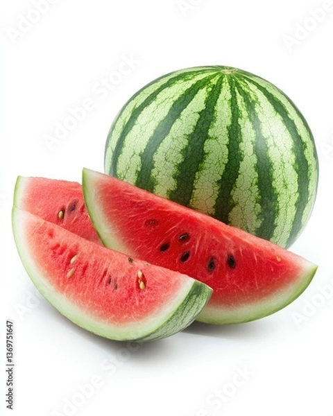 Fototapeta Fresh Watermelon Delight Whole and Sliced Juicy Red Fruit on Display isolated on white background