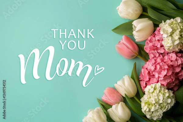 Obraz Thank You Mom Floral Arrangement with Tulips and Hyacinths on Soft Teal Background