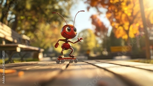 Obraz Cheerful Cartoon Ant on Roller Skates Enjoying a Sunny Autumn Day