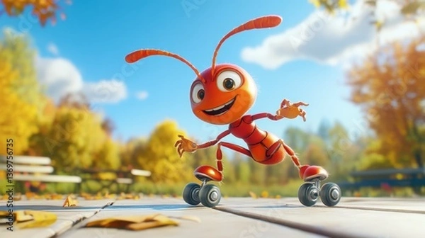 Obraz Joyful Animated Ant on Roller Skates in Vibrant Autumn Scene