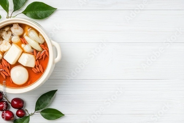 Fototapeta A bowl of hearty soup garnished with fresh herbs and colorful ingredients on a rustic wooden surface.