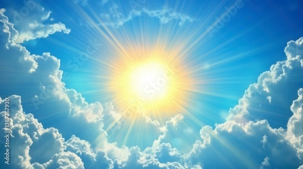 Obraz Bright Sunlight Shining Through White Fluffy Clouds in Blue Sky