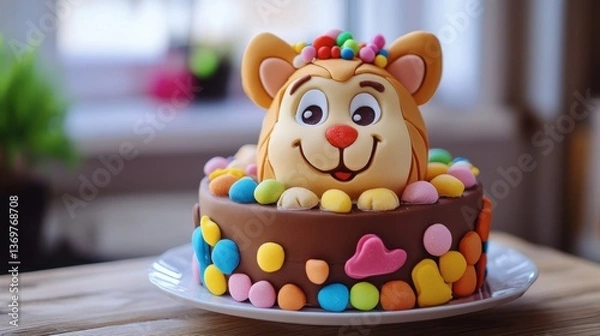 Obraz Cute Cartoon Cat Cake with Colorful Candy Decorations on Plate