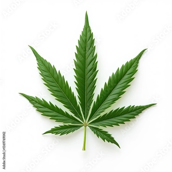 Obraz Close up marijuana leaf on white background. Graphic design element suitable for web prints, t-shirts. Natural green leaf with intricate details.