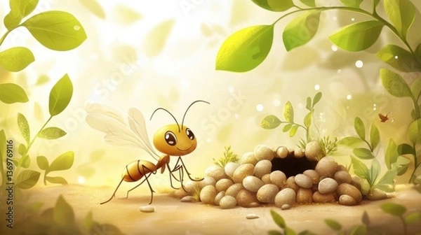 Obraz Cheerful Animated Ant with Nest Surrounded by Greenery and Light
