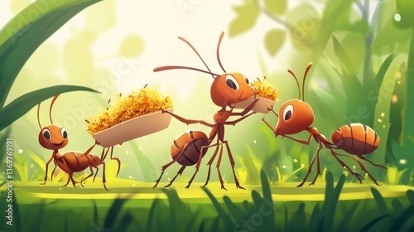 Obraz Playful Ants Carrying Food in a Vibrant Green Forest Scene