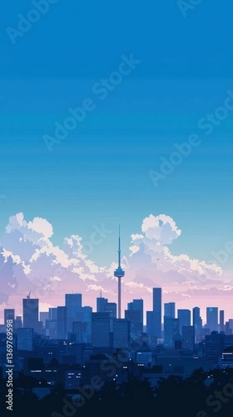 Fototapeta Minimalist City View with Iconic Buildings Under Blue Sky