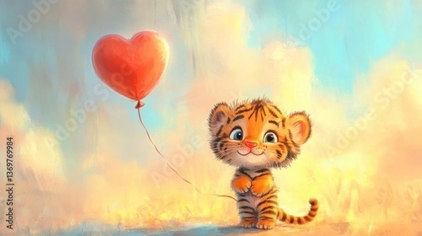 Obraz Cute Cartoon Tiger Holding Heart Balloon in Whimsical Background