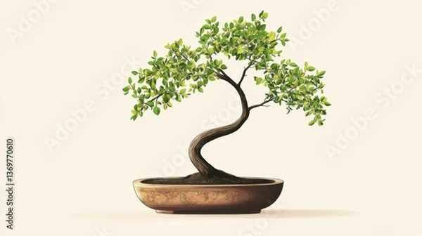 Obraz Elegant Bonsai Tree in a Minimalist Pot with Fresh Green Leaves