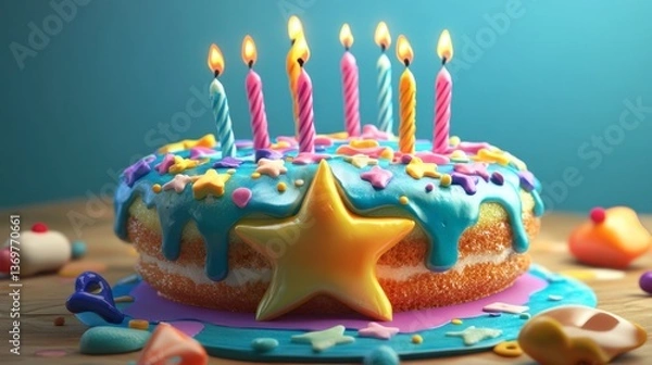 Obraz Colorful and Fun Birthday Cake with Candles and Decorations
