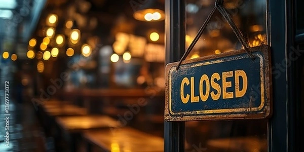 Fototapeta A "Closed" sign hanging on the glass door of a coffee shop, blue sign with yellow text, slightly worn, blurred interior with warm lights on wooden tables