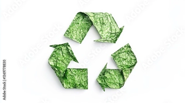 Fototapeta Grungy textured recycle symbol in blue, green, and yellow on white background.