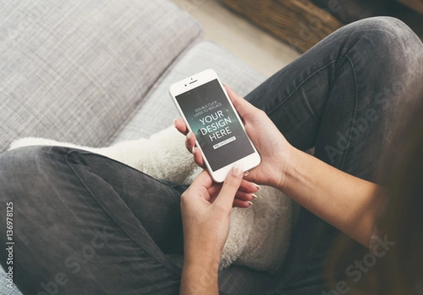 Fototapeta Top View Mockup of Smartphone User on Couch Laptop 2
