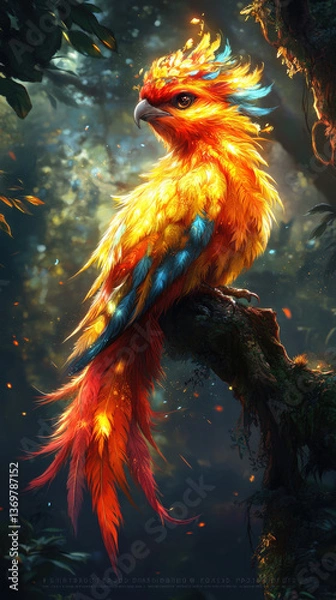Fototapeta A mythical phoenix with vibrant feathers perched on a tree branch in a forest setting