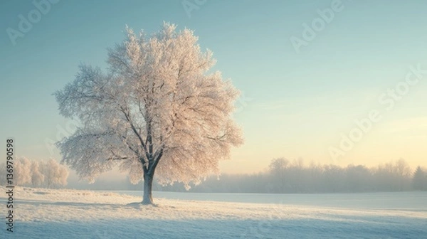 Obraz Frosty Winter Tree in Serene Landscape with Soft Morning Light
