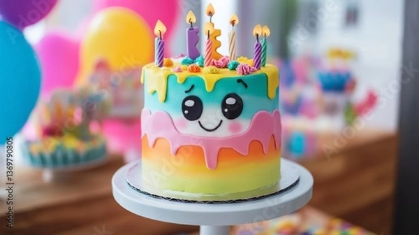 Obraz Colorful Smiling Cake with Candles for Children's Birthday Party