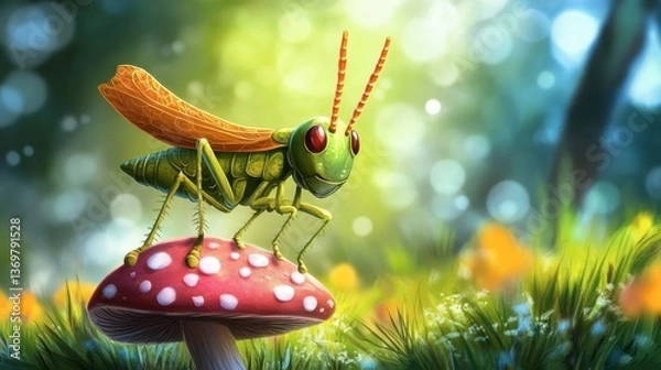 Obraz Colorful Grasshopper on Mushroom in a Vibrant Natural Scene