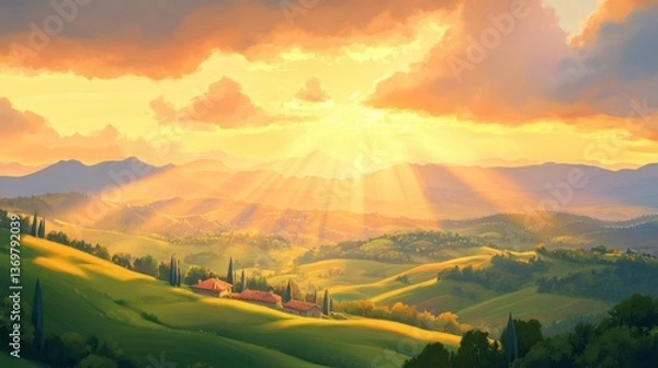 Obraz Serene Sunset Over Rolling Hills with Dramatic Cloud Display