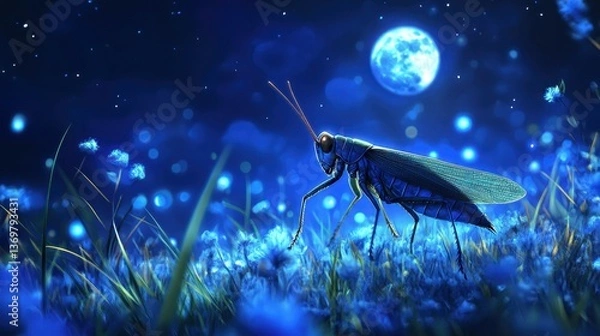 Obraz Nighttime Insect in Blue Flowers Under Full Moonlight