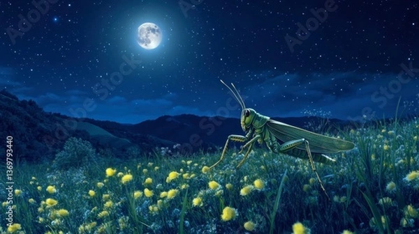 Obraz Grasshopper on Yellow Flowers Under Moonlit Night Sky Landscape