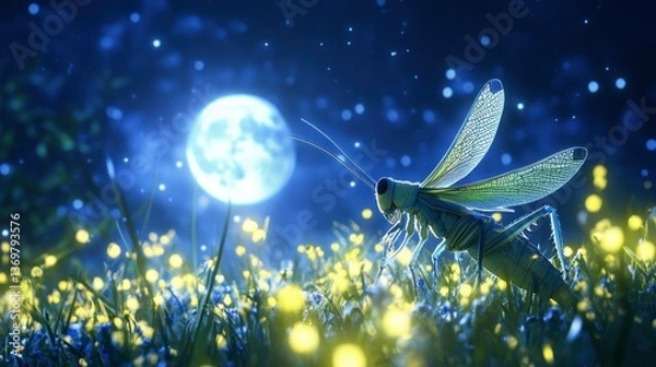 Obraz Nighttime Insect in Luminous Meadow Under a Full Moon