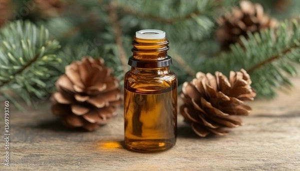 Fototapeta Essential Oil in Glass Bottle Surrounded by Pine Needles and Pinecones, Rustic Wooden Background