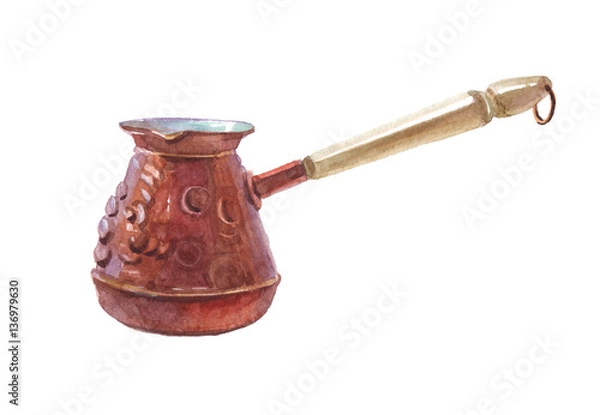 Fototapeta Watercolor realistic coffee ibrik isolated on a white background illustration.